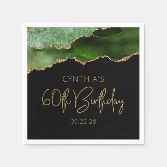 Chic Agate Geode Green Gold 60th Birthday Party Napkins (Front)