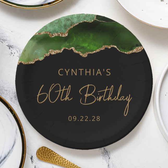 Chic Agate Geode Green Gold 60th Birthday Party Paper Plates (Creator Uploaded)
