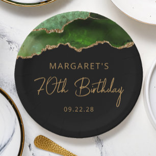 Chic Agate Geode Green Gold 70th Birthday Party Paper Plates
