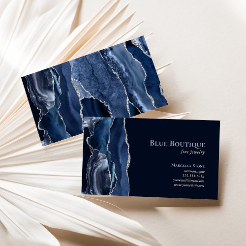 Chic Agate Geode Jewelry Designer Navy Blue Silver Business Card