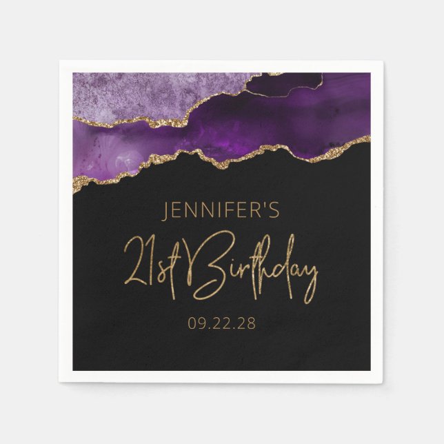 Chic Agate Geode Purple Gold 21st Birthday Party Napkins (Front)