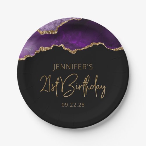 Chic Agate Geode Purple Gold 21st Birthday Party Paper Plates