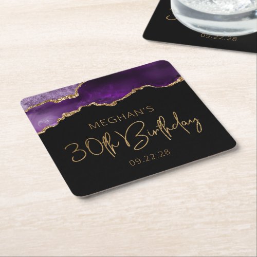 Chic Agate Geode Purple Gold 30th Birthday Party Square Paper Coaster