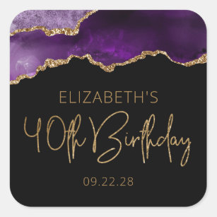 Chic Agate Geode Purple Gold 40th Birthday Party Square Sticker