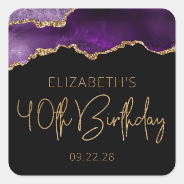Chic Agate Geode Purple Gold 40th Birthday Party Square Sticker (Front)