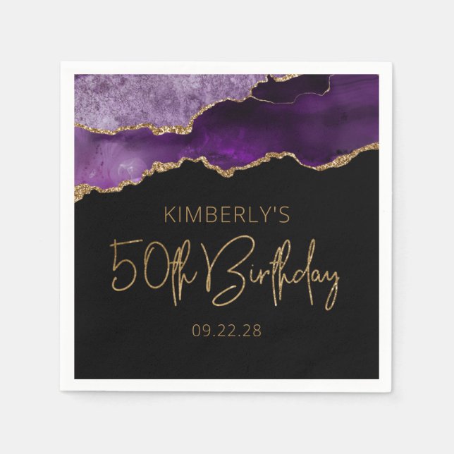 Chic Agate Geode Purple Gold 50th Birthday Napkins (Front)