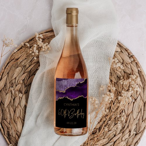 Chic Agate Geode Purple Gold 60th Birthday Party Wine Label