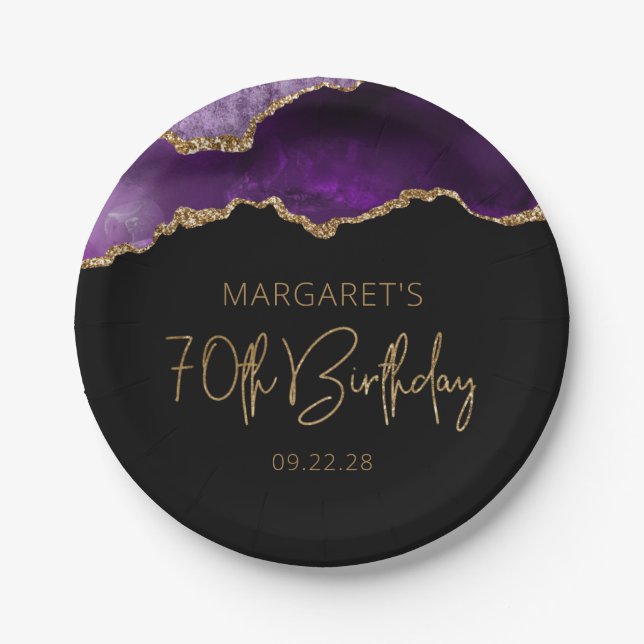 Chic Agate Geode Purple Gold 70th Birthday Party Paper Plates (Front)