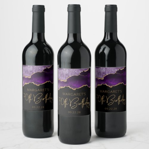 Chic Agate Geode Purple Gold 70th Birthday Party Wine Label