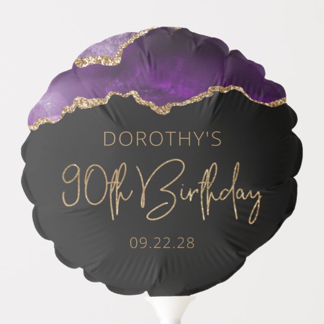 Chic Agate Geode Purple Gold 90th Birthday Party Balloon (Front)