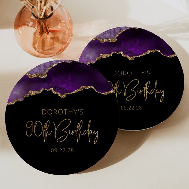 Chic Agate Geode Purple Gold 90th Birthday Party Paper Plates (Creator Uploaded)