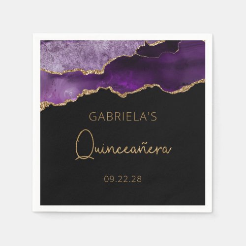 Chic Agate Geode Purple Gold Quinceaera Napkins