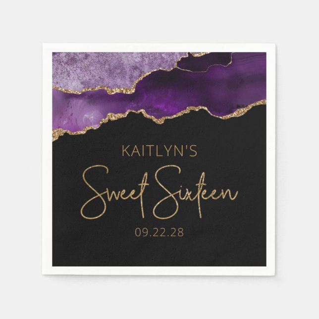 Chic Agate Geode Purple Gold Sweet 16 Birthday Napkins (Front)