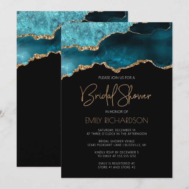 Chic Agate Geode Teal Blue Gold Bridal Shower Invitation (Front/Back)