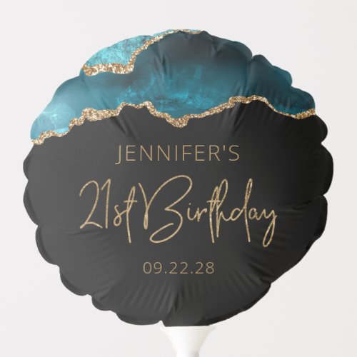 Chic Agate Geode Teal Gold 21st Birthday Party Balloon