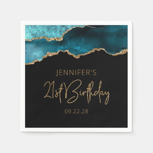 Chic Agate Geode Teal Gold 21st Birthday Party Napkins