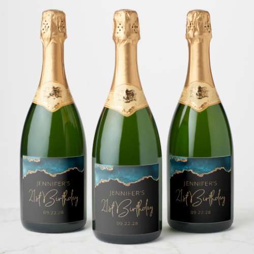 Chic Agate Geode Teal Gold 21st Birthday Party Sparkling Wine Label