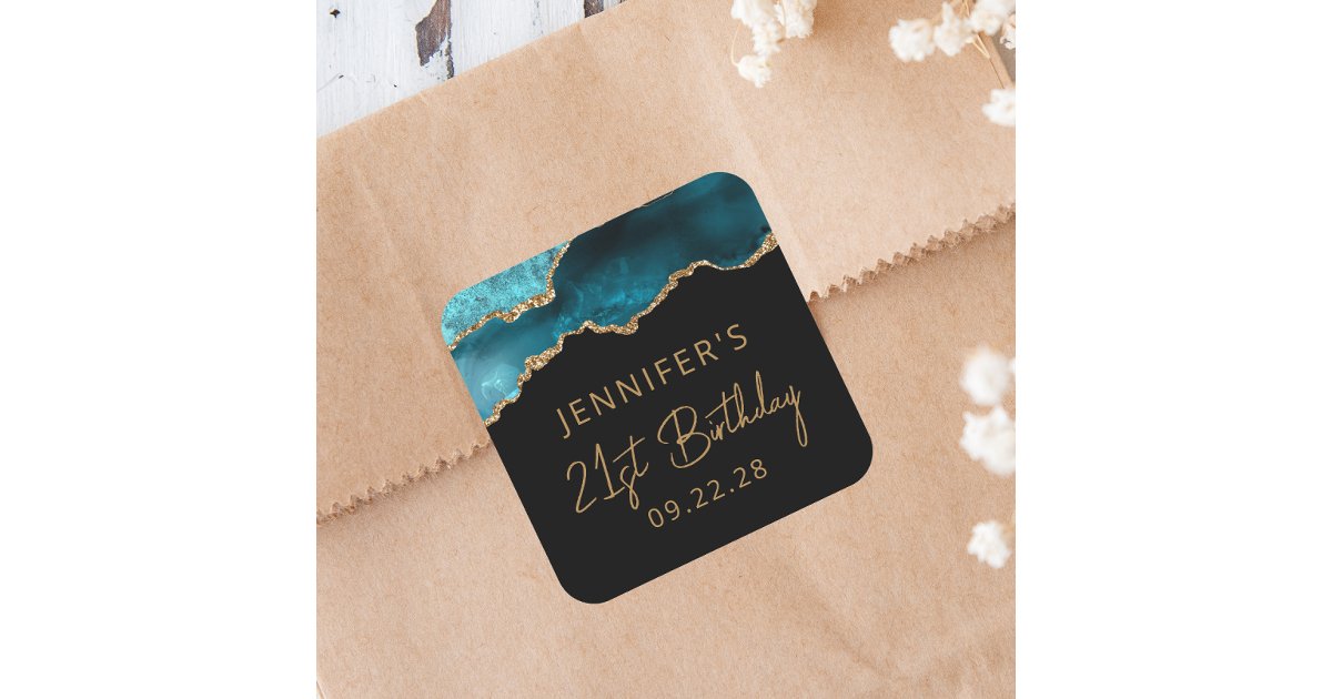 Chic Agate Geode Teal Gold 21st Birthday Party Square Sticker | Zazzle