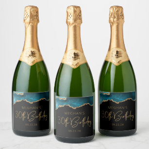 Chic Agate Geode Teal Gold 30th Birthday Party Sparkling Wine Label