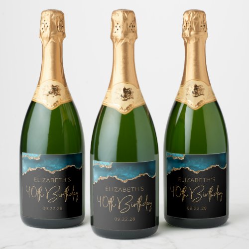 Chic Agate Geode Teal Gold 40th Birthday Party Sparkling Wine Label