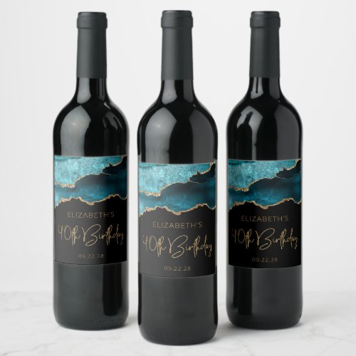 Chic Agate Geode Teal Gold 40th Birthday Party Wine Label