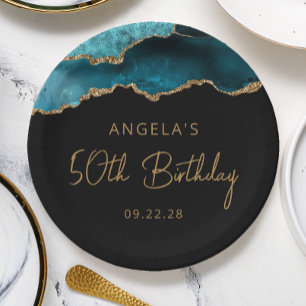 Chic Agate Geode Teal Gold 50th Birthday Party Paper Plates
