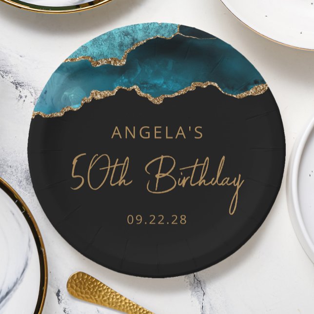 Chic Agate Geode Teal Gold 50th Birthday Party Paper Plates (Creator Uploaded)