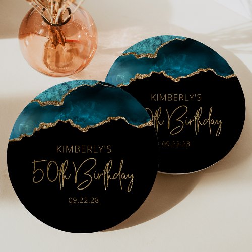 Chic Agate Geode Teal Gold 50th Birthday Party Paper Plates