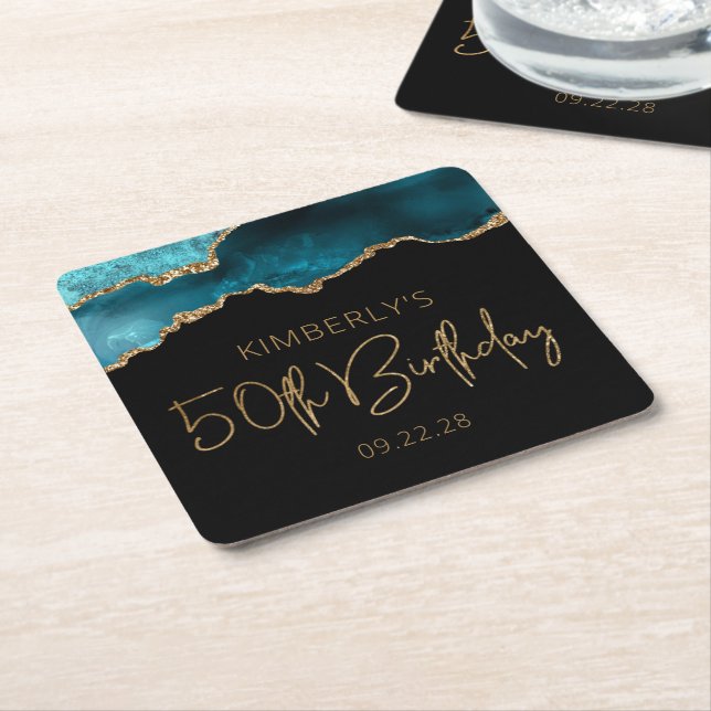 Chic Agate Geode Teal Gold 50th Birthday Party Square Paper Coaster (Angled)