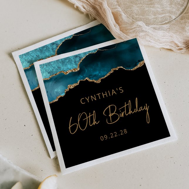 Chic Agate Geode Teal Gold 60th Birthday Party Napkins (Creator Uploaded)