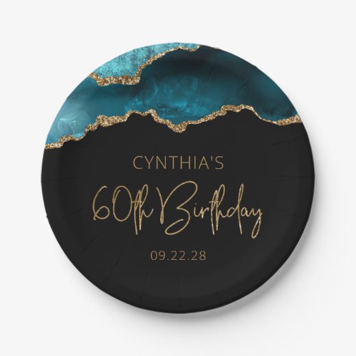 Chic Agate Geode Teal Gold 60th Birthday Party Paper Plates