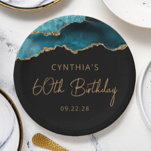 Chic Agate Geode Teal Gold 60th Birthday Party Paper Plates