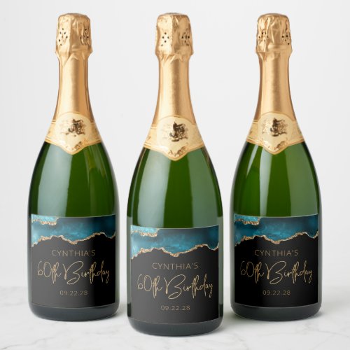 Chic Agate Geode Teal Gold 60th Birthday Party Sparkling Wine Label