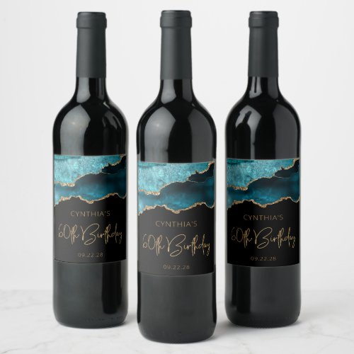 Chic Agate Geode Teal Gold 60th Birthday Party Wine Label