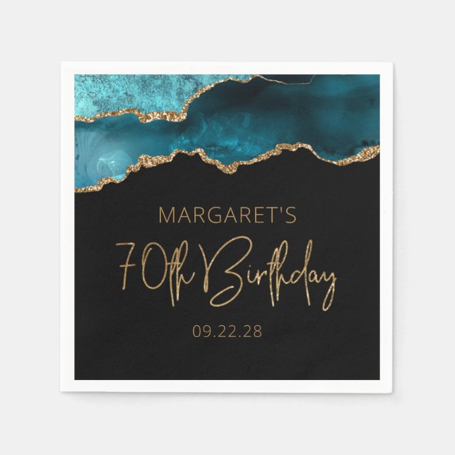 Chic Agate Geode Teal Gold 70th Birthday Napkins (Front)