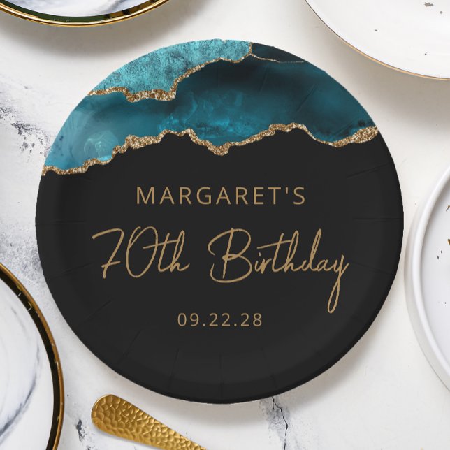 Chic Agate Geode Teal Gold 70th Birthday Party Paper Plates (Creator Uploaded)
