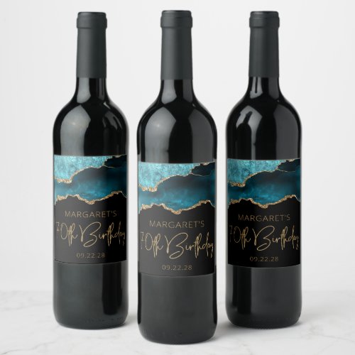 Chic Agate Geode Teal Gold 70th Birthday Party Wine Label
