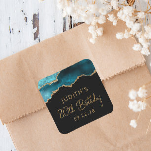 Chic Agate Geode Teal Gold 80th Birthday Party Square Sticker