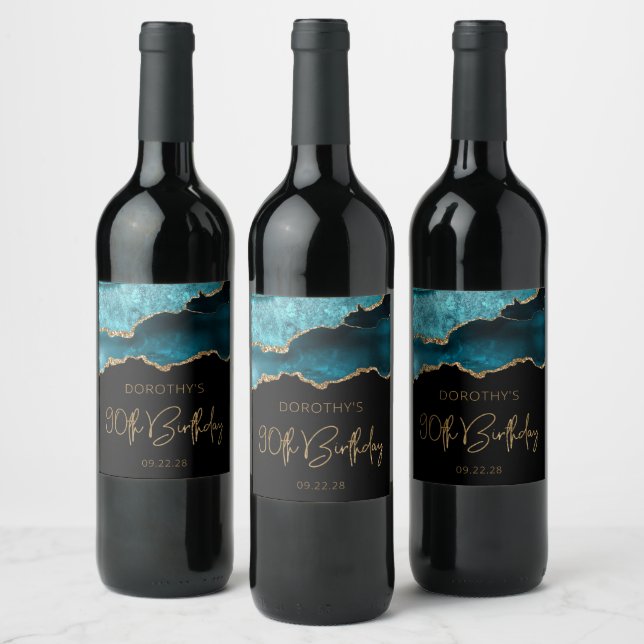 Chic Agate Geode Teal Gold 90th Birthday Party Wine Label (Bottles)