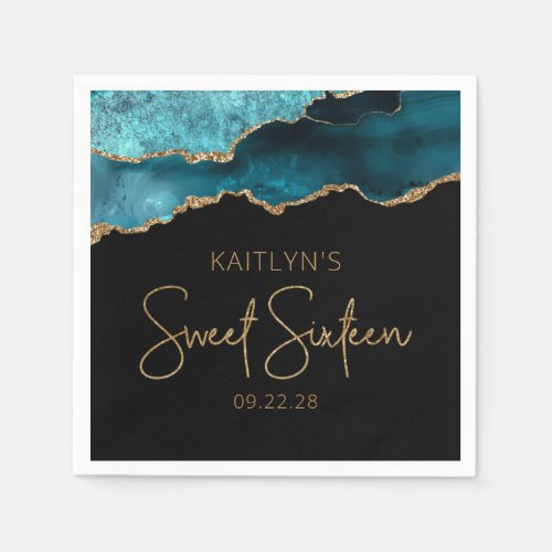 Chic Agate Geode Teal Gold Sweet 16 Birthday Napkins