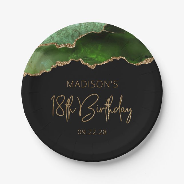Chic Agate Hunter Green Gold 18th Birthday Party Paper Plates (Front)