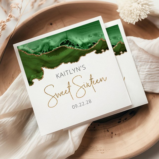 Chic Agate Hunter Green Gold Sweet 16 Birthday Napkins (Creator Uploaded)