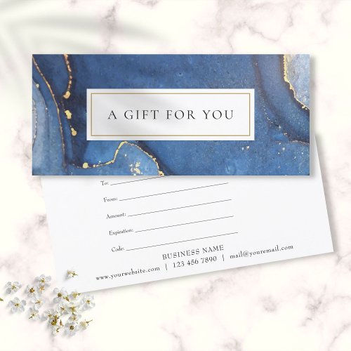 Chic Agate Marble Blue Gold Gift Certificate card
