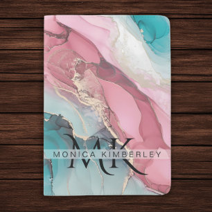 Chic Agate Marble Blush Pink Teal Monogram Name Passport Holder