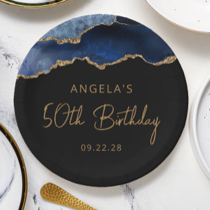 Chic Agate Navy Blue Gold 50th Birthday Party Paper Plates