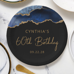 Chic Agate Navy Blue Gold 60th Birthday Party Paper Plates