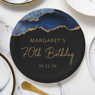 Chic Agate Navy Blue Gold 70th Birthday Party Paper Plates