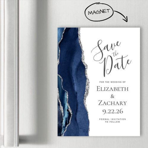 Chic Agate Navy Blue Silver Magnetic Save the Date