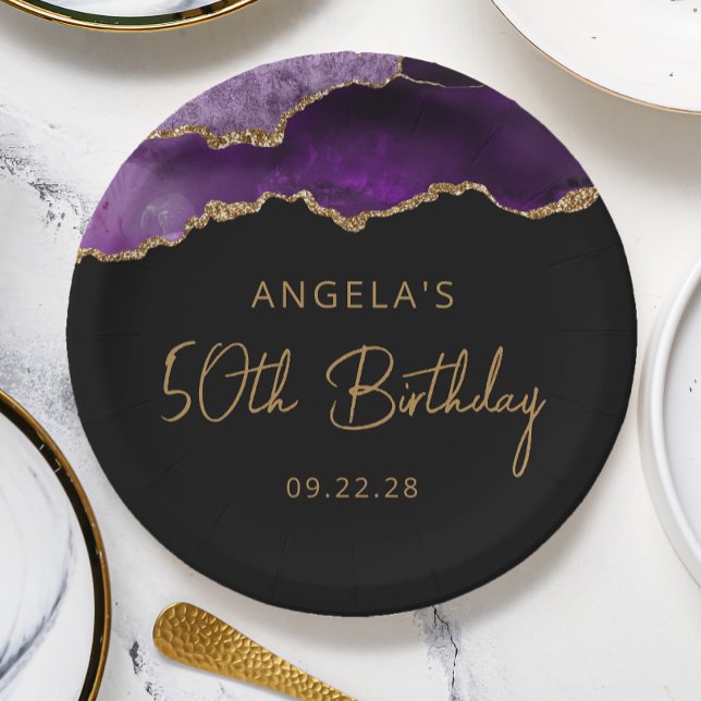 Chic Agate Purple Gold 50th Birthday Party Paper Plates (Creator Uploaded)