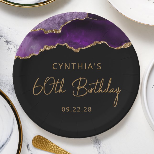 Chic Agate Purple Gold 60th Birthday Party Paper Plates (Creator Uploaded)